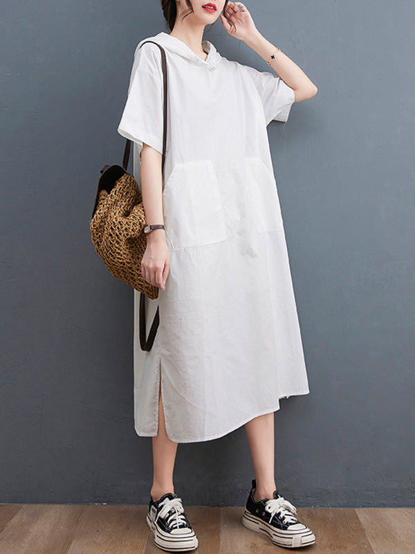 Urban Black&White Split-Side Short Sleeves Hooded Midi Dress