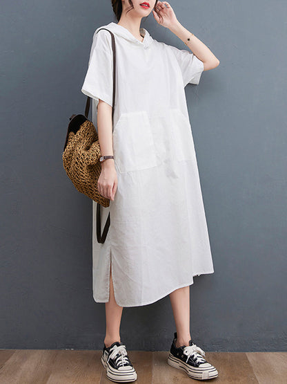 Urban Black&White Split-Side Short Sleeves Hooded Midi Dress