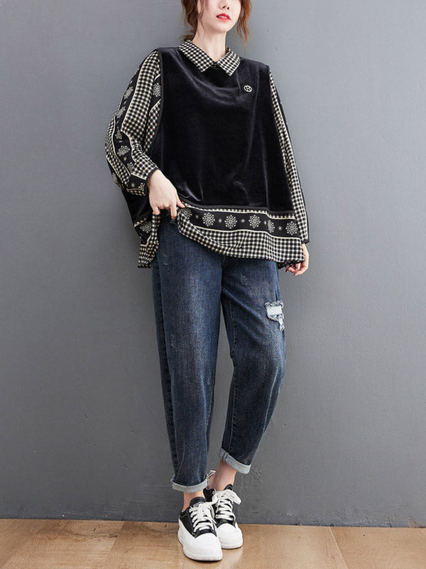 Casual Loose Plaid Floral Printed Lapel Collar Long Sleeves False Two Blouse