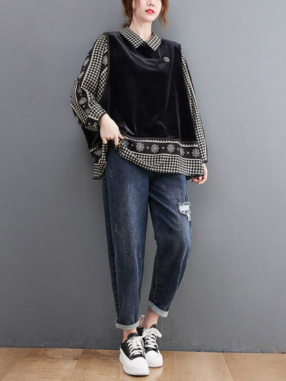Casual Loose Plaid Floral Printed Lapel Collar Long Sleeves False Two Blouse