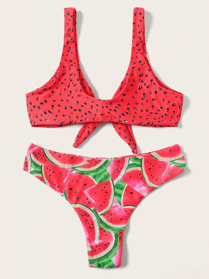Watermelon Print Bow-embellished Bikini Set