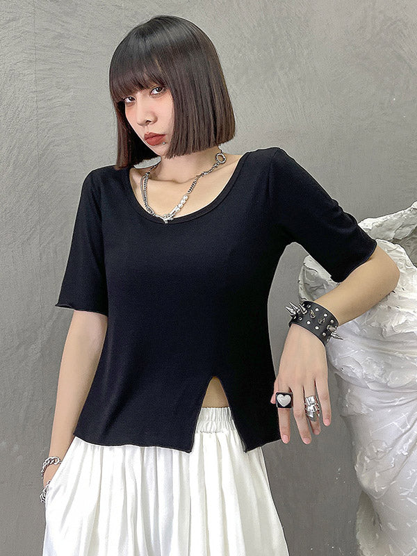 Casual Solid Color Split-Side Short Sleeves U-Neck Shirts