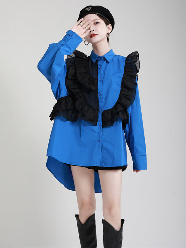 Stylish Irregular Contrast Color Split-Joint Falbala Mesh Drawstring Buttoned Lapel Collar Long Sleeves Blouse