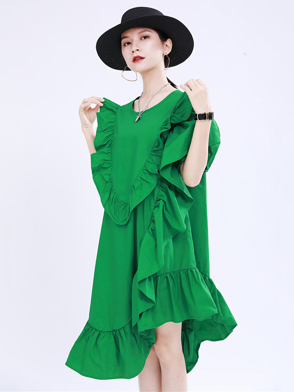 Original Irregular Solid Color Split-Joint Falbala Round-Neck Short Sleeves Midi Dress