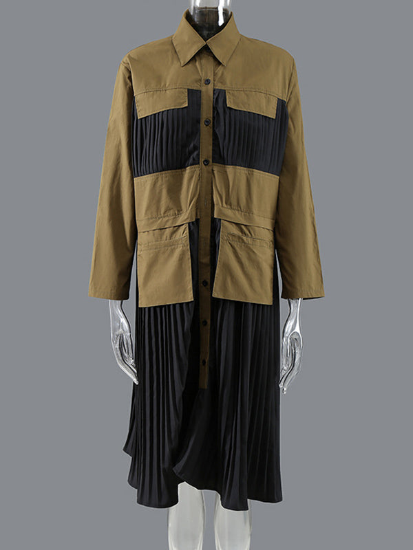 Original Pleated Split-Joint With Pocket Buttoned Lapel Collar Long Sleeves Midi Shirt Dress