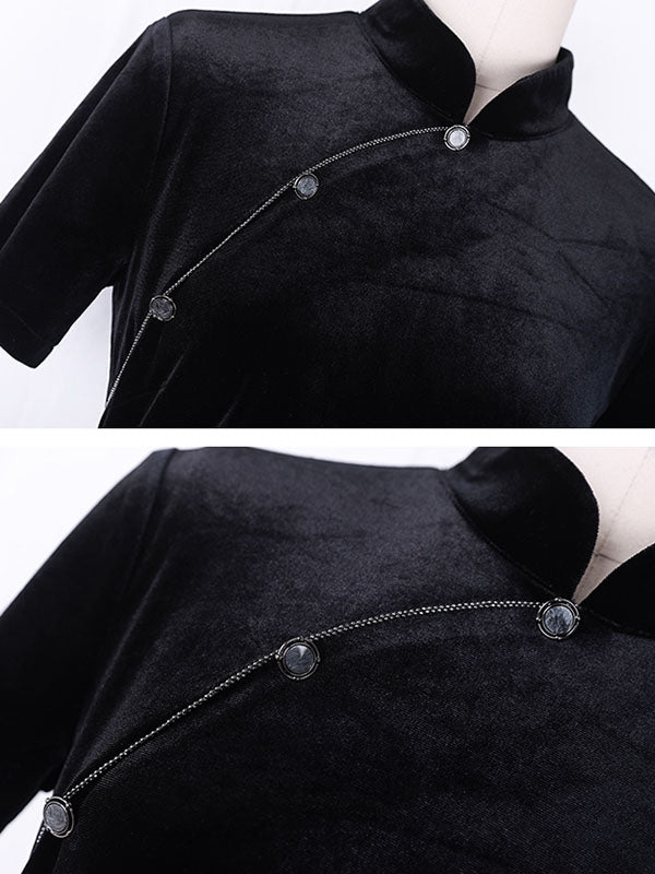 Vintage Tie-Dyed Buttoned Stand Collar Short Sleeves Cheongsam Dress