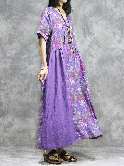 National Ramie Cotton Split-joint Long Dress