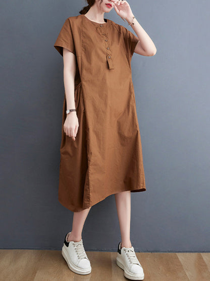 Casual Solid Color Round-Neck With Pocket Midi Dress