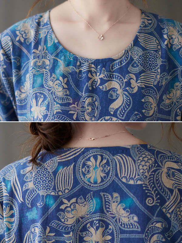 Vintage Ramie Cotton Floral Printed Round-Neck Long Sleeves Maxi Dress