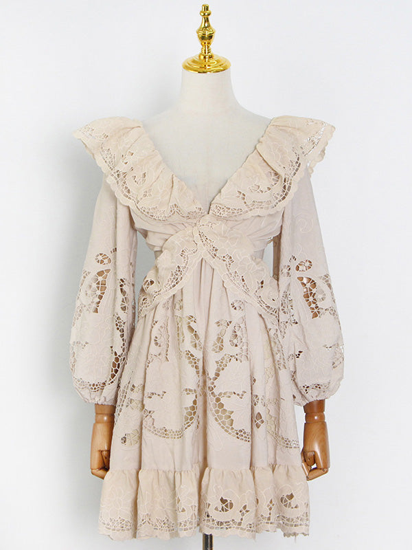 Fashion Solid Color Backless Hollow Lace V-Neck Bishop Sleeve Mini Dress
