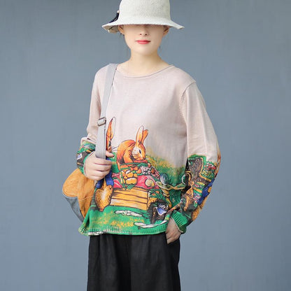 Buykud Cartoon Rabbit Printed Casual Knitted Shirt