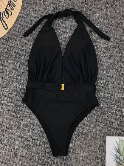 Sexy V-Neck Waist Buckle Backless One-Piece Swimwear