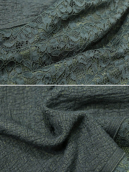 Artistic Retro Solid Color Split-Joint Embroidered Hollow Lace Stand Collar Long Sleeves Knitted Sweater Dress
