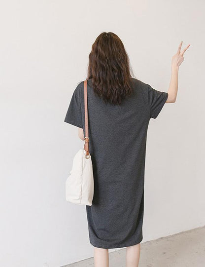 Maternity Printed Short Sleeves Round-neck Midi Dress