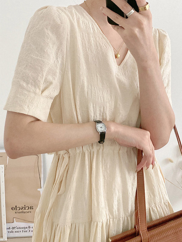 Urban Solid Color V-Neck Drawstring Short Sleeves Midi Dress