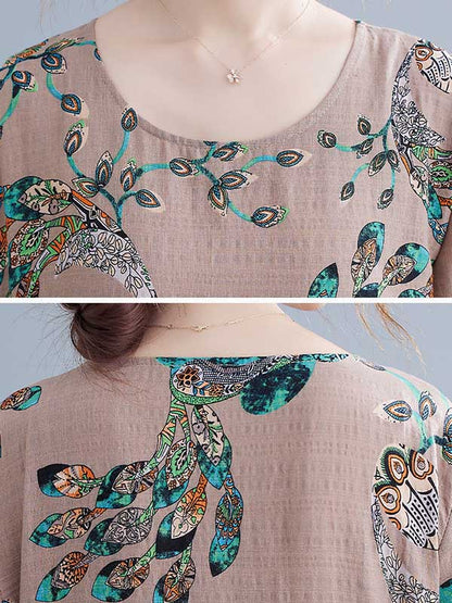 Vintage Ramie Cotton Floral Printed Round-Neck Long Sleeves Loose Maxi Dress