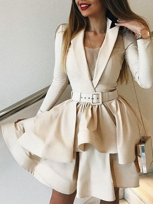 Deep V-neck Long Sleeve Tight with Belt Mini Dress