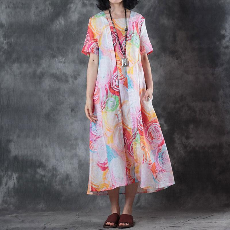 False Two-piece Short Sleeve Printed Summer Dress
