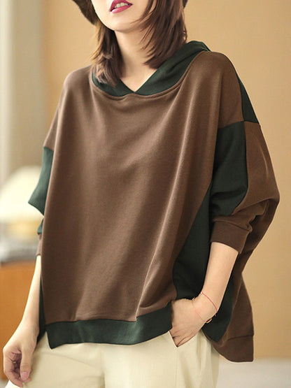 Casual Split-Joint Contrast Color Batwing Sleeve Hoodies
