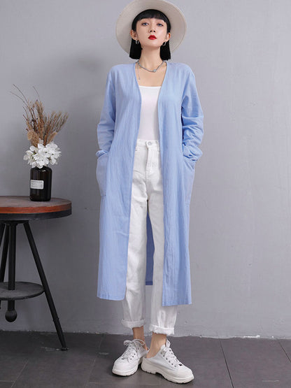 Simple Ramie Cotton Solid Color Long Sleeves Long Outerwear