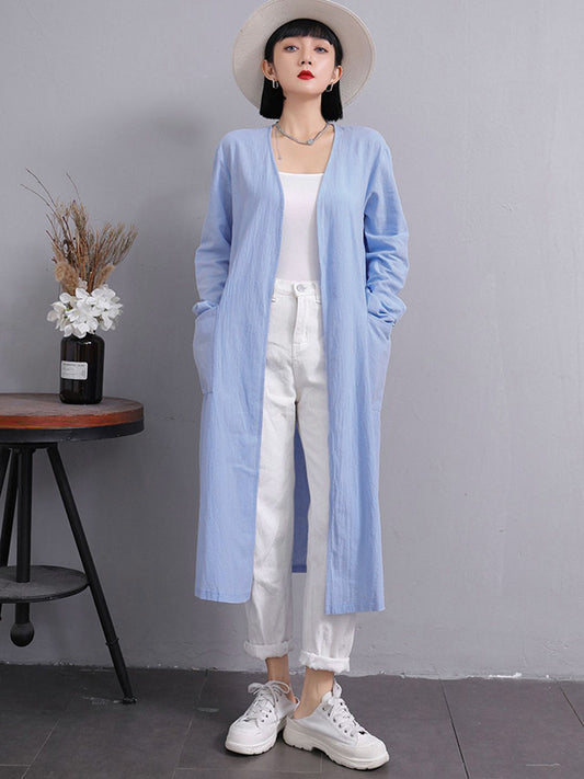 Simple Ramie Cotton Solid Color Long Sleeves Long Outerwear