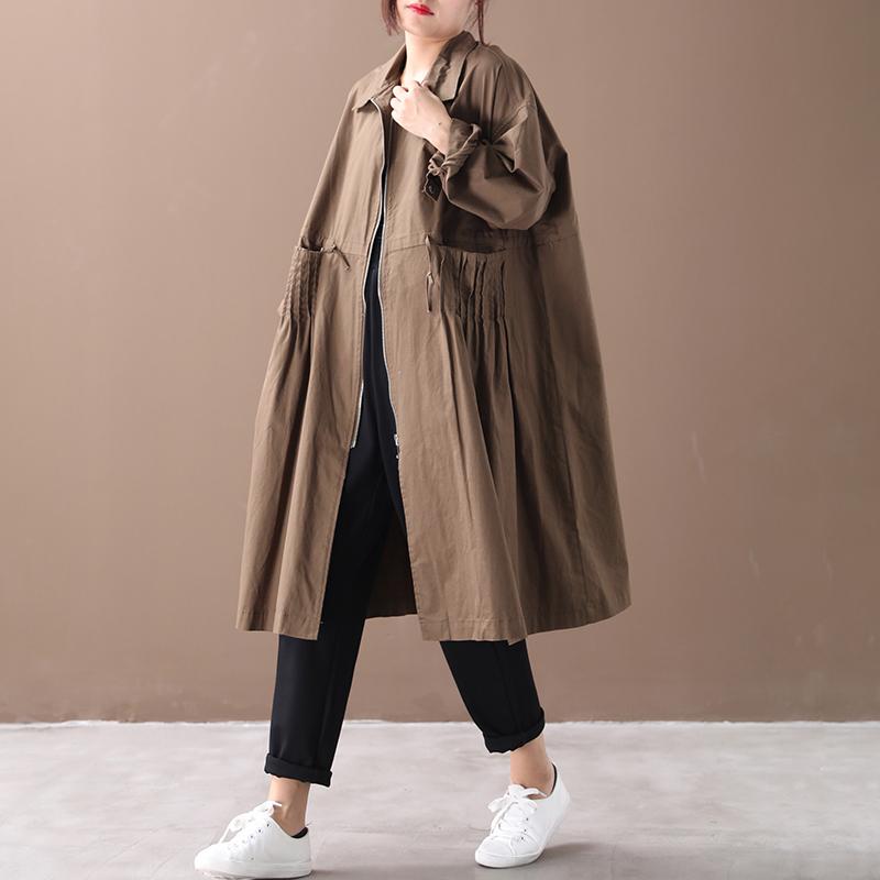 Buykud Literary Casual Pleated Pockets Zipper Trench Coat