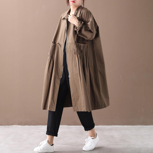 Buykud Literary Casual Pleated Pockets Zipper Trench Coat