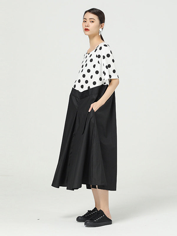 Original Split-Joint Polka-Dot Contrast Color Round-Neck Short Sleeves Midi Dress