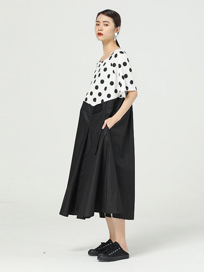 Original Split-Joint Polka-Dot Contrast Color Round-Neck Short Sleeves Midi Dress