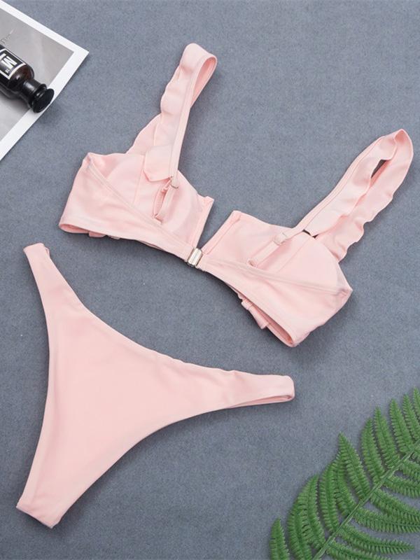 Falbala Solid Color Bikini Swimsuit