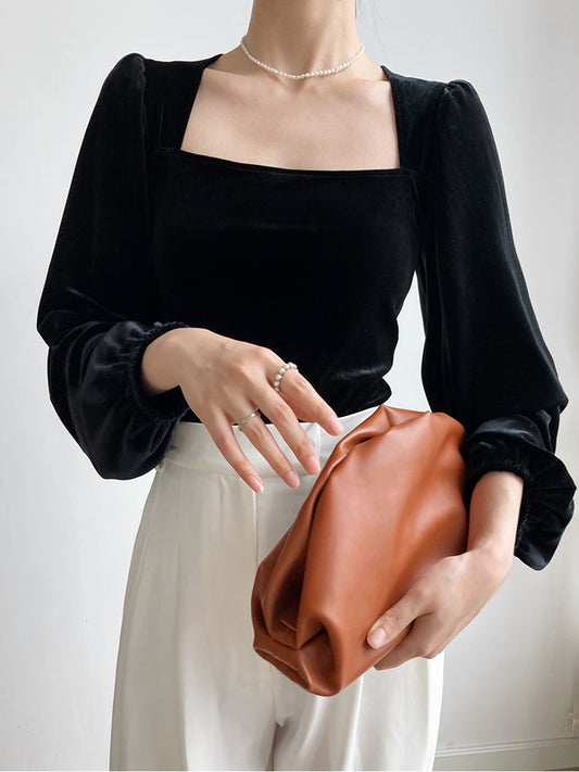 Urban Pleuche Solid Color Pleated Square-Neck Bishop Sleeves T-Shirt