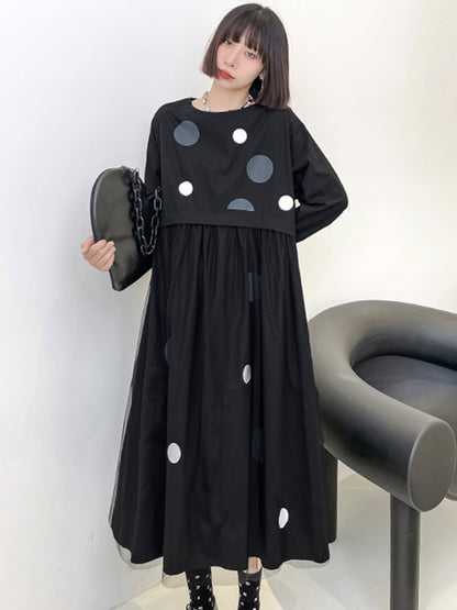 Stylish Split-Joint Pleated Polka-Dot Round-Neck Long Sleeves Midi Dress