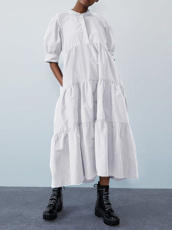 Original Solid Color Split-Joint Pleated Buttoned Stand Collar Half Puff Sleeves Midi Dress