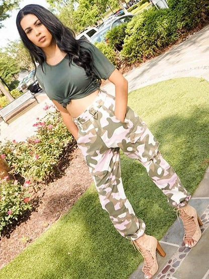 Plus Size Pink Camouflage Printed Track Pants