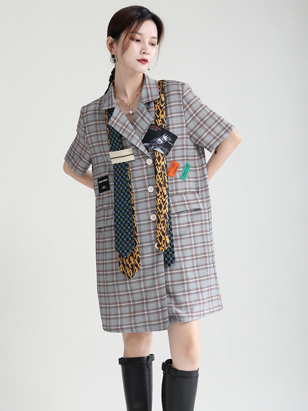 Urban Asymmetric Plaid Double Breasted Notched Collar Short Sleeves Mini Dress