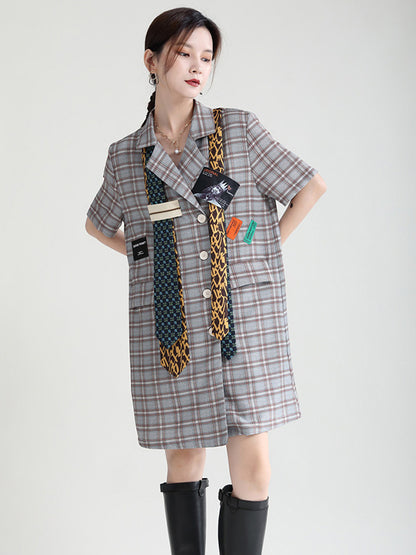 Urban Asymmetric Plaid Double Breasted Notched Collar Short Sleeves Mini Dress