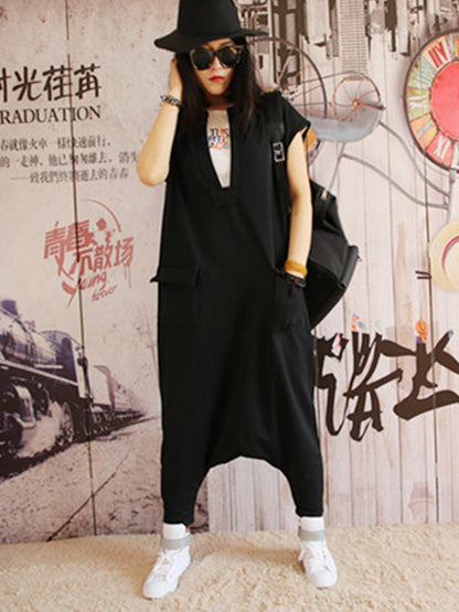 Casual Cool Solid Color Pleated V-Neck Short Sleeves Wide Legs Jumpsuit