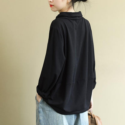 Buykud Solid Color Casual Zipper Long Sleeve Blouse