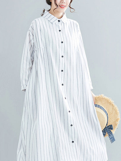 Simple Striped Buttoned Lapel Long Sleeves Shirt Dress