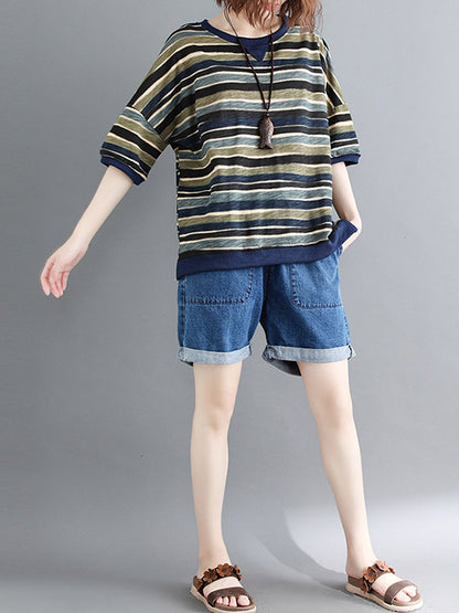 Casual Contrast Color Striped Short Sleeves T-Shirt Top