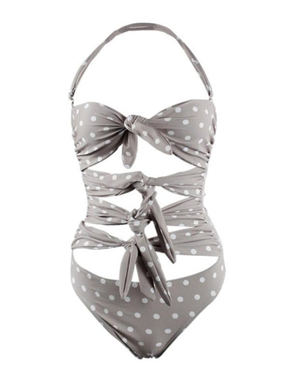 Spotted&Plain Bow-embellished One-piece Swimsuit