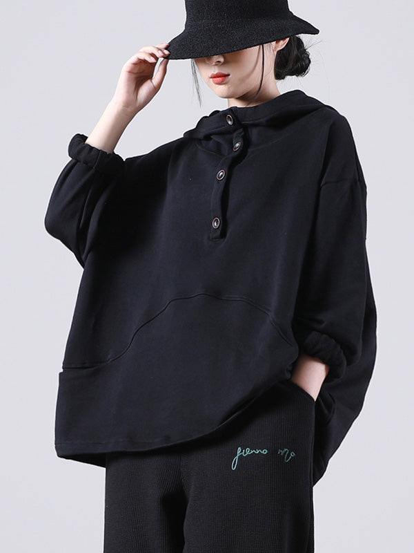 Casual Solid Color Buttoned Batwing Sleeve Hoodies