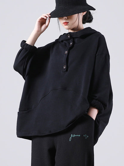 Casual Solid Color Buttoned Batwing Sleeve Hoodies
