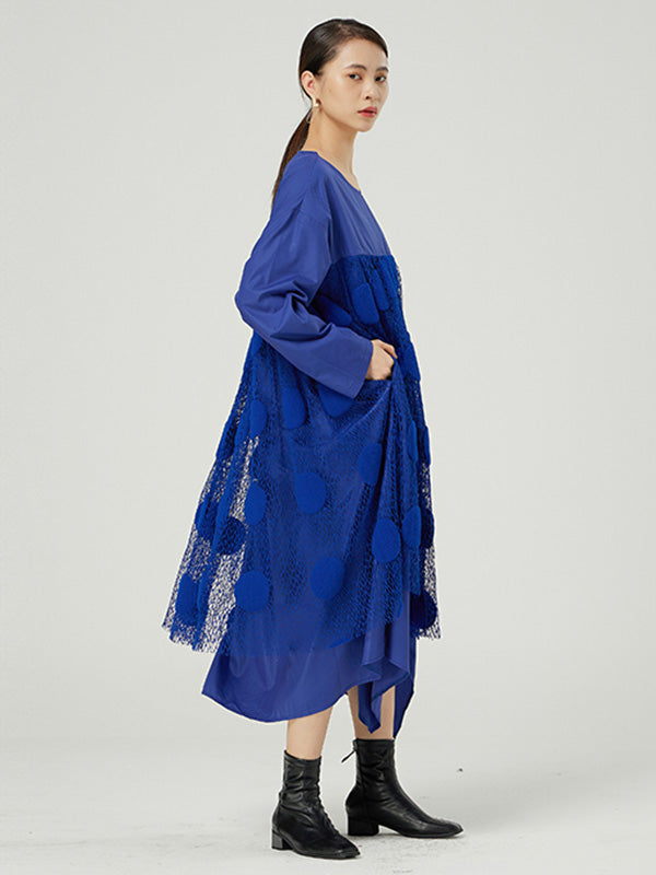 Original Split-Joint Round-Neck Long Sleeves Lace Midi Dress