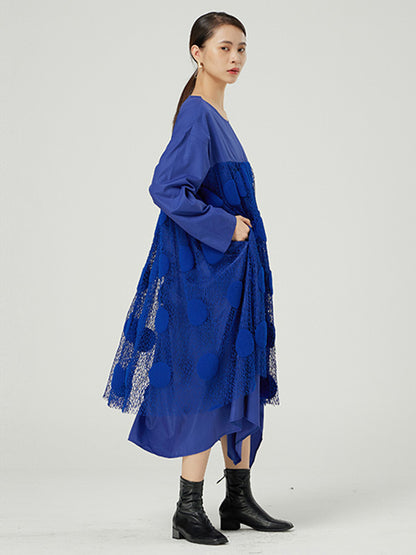 Original Split-Joint Round-Neck Long Sleeves Lace Midi Dress