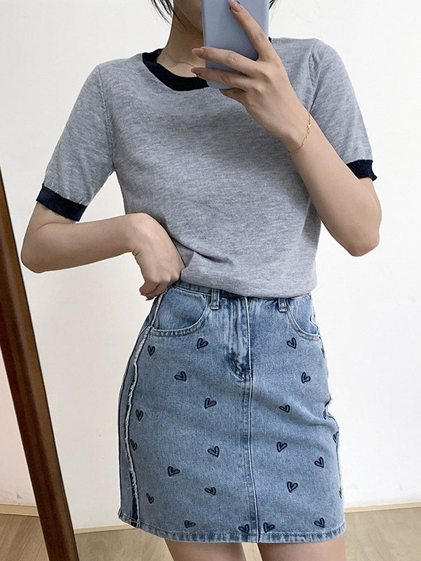 Casual Knitting Round-Neck Contrast Color T-Shirts Tops