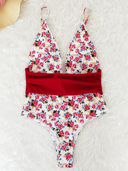 Sexy V-neck Printed One-piece Swimwear