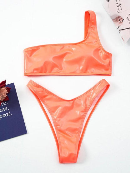 One-Shoulder Bright Fabric Solid Color Bikini Swimsuit