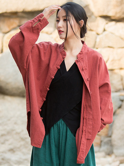 Original Artistic Retro Loose Solid Color Ramie Cotton Blouse Outwear