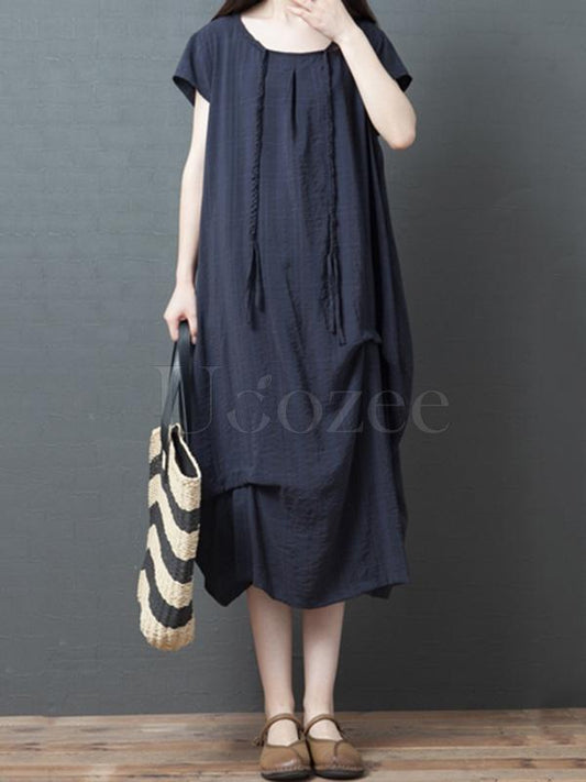 Casual Solid Ruffled Round-neck Midi Dress